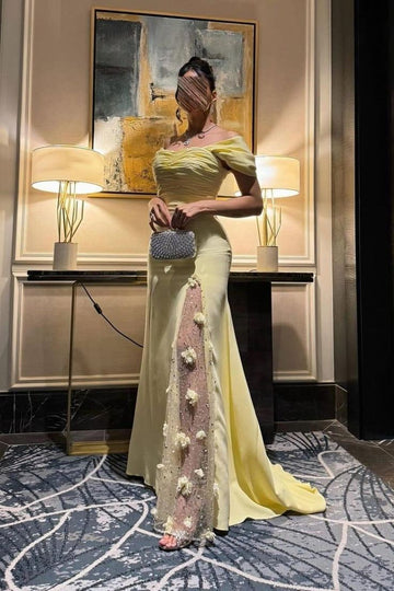 Niulatu Off-the-shoulder Sheath Yellow Long Prom Dresses Chiffon Lace Evening Dresses Butter Yellow Wedding Guest Dresses HZ1026